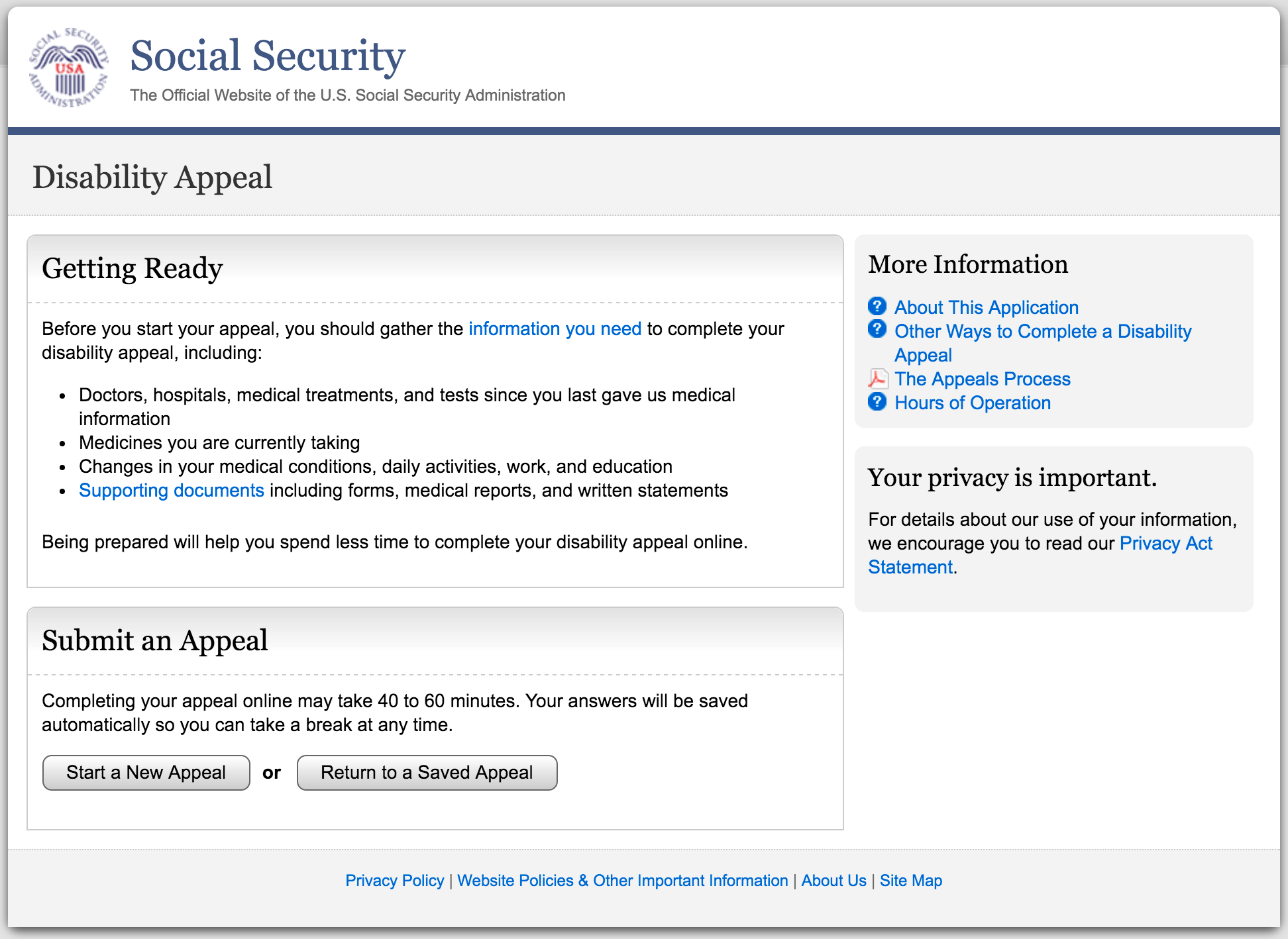 Screenshot of Social Security Disability Appeal site available at https://secure.ssa.gov/iApplsRe/start